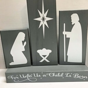 Mary Joseph Baby Jesus block set For Unto Us a Child is Born Christmas nativity set of 4 Dark Gray