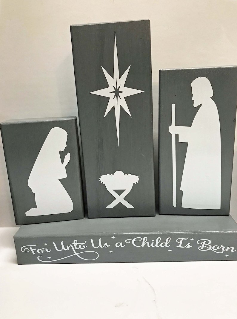 Mary Joseph Baby Jesus block set For Unto Us a Child is Born Christmas nativity set of 4 Dark Gray