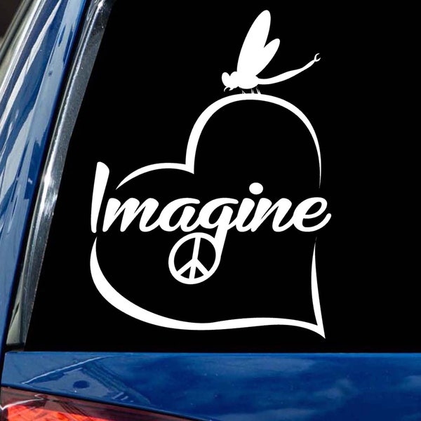 Imagine Decal with heart peace sign Dragonfly boho sticker window car tumbler laptop  many sizes and vinyl colors available