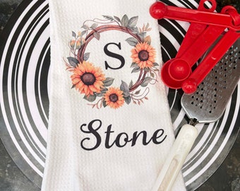 Sunflower kitchen towel personalized name monogram inside wreath tea towel