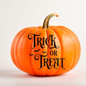 May include: A large, round orange pumpkin with a green stem. The words "Trick or Treat" are written in black script across the front, with small bat silhouettes. Perfect for Halloween decorations.