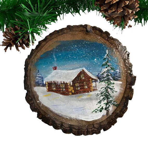 Log Cabin In Snow Christmas Tree Ornament Miniature Original Etsy