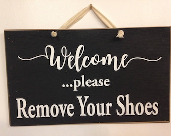 WELCOME Please remove your shoes sign wood porch foyer decor bare feet door hanger