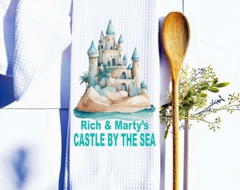 Sandcastle Hand Towel Personalized Castle by the Sea bathroom coastal beach theme kitchen tea towel Beach Wedding gift
