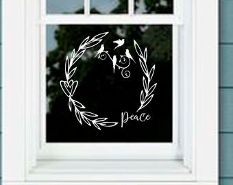 Wreath Peace decal with hearts and birds window, door car, milk can decor many vinyl colors available