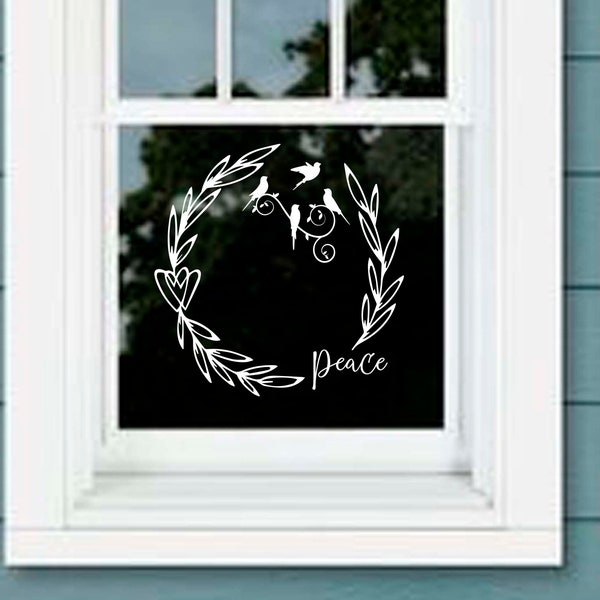 Wreath Peace decal with hearts and birds window, door car, milk can decor many vinyl colors available