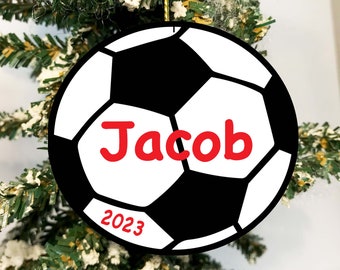 Soccer Ball ornament personalized name year Christmas tree decor stocking stuffer gift tag