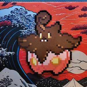 May include: A brown and pink pixel art character with a swirl on its head. The character is on a red and black background with a wave design.
