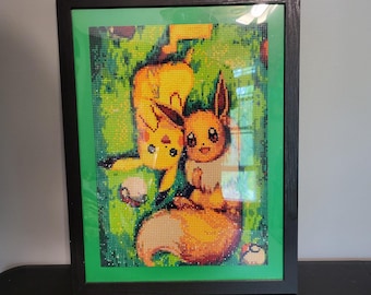 17x13 Diamond Painting Pikachu and Eevee In Frame Green