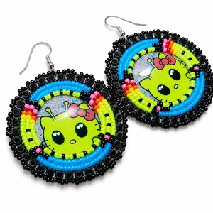 Hello Kitty Alien Beaded Earrings, Neon Rainbow Seed Bead Dangles