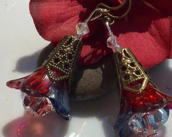 Red Blue Floral Earrings w Swarovski Crystals
