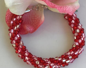Kumihimo Beaded Bracelet Ruby Pink Czech Glass Beads