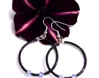 Onyx Beaded Hoop Earrings w Lt Sapphire Swarovski Crystals