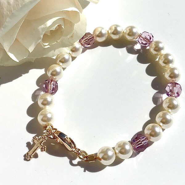 First Communion Pearl Lt Amethyst Bracelet 14K Cross