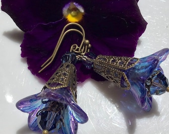 Purple Blue Floral Earrings w Swarovski Crystals