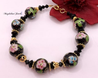 Vintage Cloisonné Bracelet Onyx Crystals 22K Gold