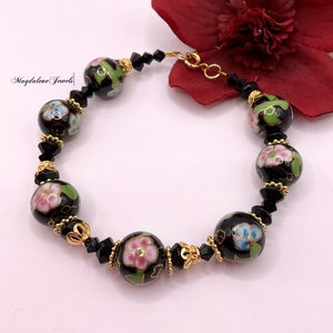 Vintage Cloisonné Bracelet Onyx Crystals 22K Gold image 1