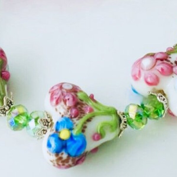 Artisan Lampwork Bracelet Floral Hearts Swarovski Crystals Peridot Crystals