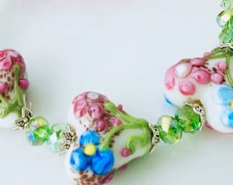 Artisan Lampwork Bracelet Floral Hearts Swarovski Crystals Peridot Crystals