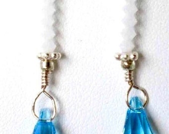 Blue Topaz w Alabaster Crystals Drop Earrings