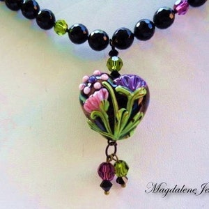 Artisan Lampwork Floral Heart Pendant Necklace Onyx Swarovski Pearl Necklace image 1