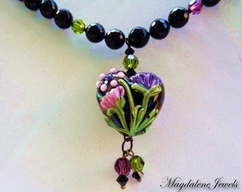 Artisan Lampwork Floral Heart Pendant Necklace Onyx Glass Beads w Crystals