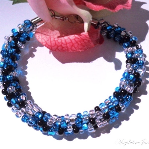 Kumihimo Beaded Bracelet Braided Bracelet Aqua, Sapphire, Onyx, Diamond Czech Glass Beads