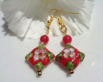 Cloisonne Red Floral Earrings Chinese Red Gemstones