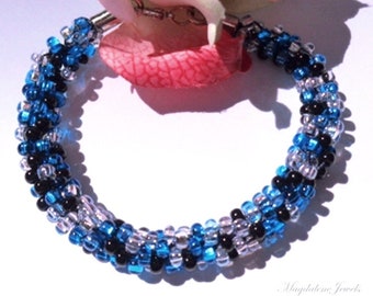 Kumihimo Beaded Bracelet Braided Bracelet Aqua, Sapphire, Onyx, Diamond Czech Glass Beads