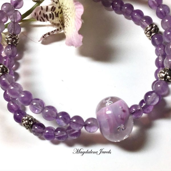 Cape Ametrine Gemstone Bracelet Violet Lampwork Glass Bead Double Strands