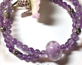 Cape Ametrine Gemstone Bracelet Violet Lampwork Glass Bead Double Strands