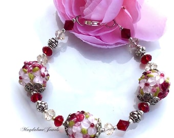 Artisan Floral Lampwork Bracelet w Siam, Silk Crystals