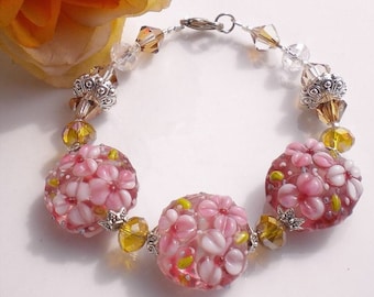 Floral Lampwork Bracelet w Golden/Silver Shadow Crystals