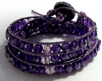 Triple Wrap Bracelet Purple Velvet Amethyst Swarovski Crystals