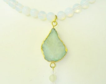 Opalite Necklace Druzy Quartz Mint Green Beaded Necklace  Gold Bezeled & Alabaster Swarovski Crystals