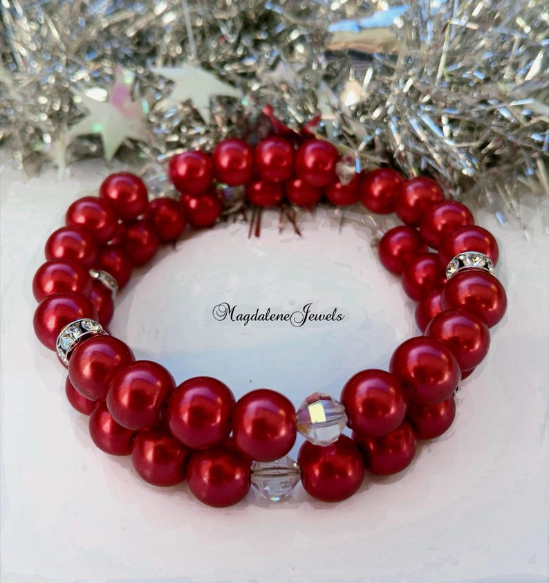 Red Pearl Christmas Bracelet w Clear Swarovski Crystals image 1
