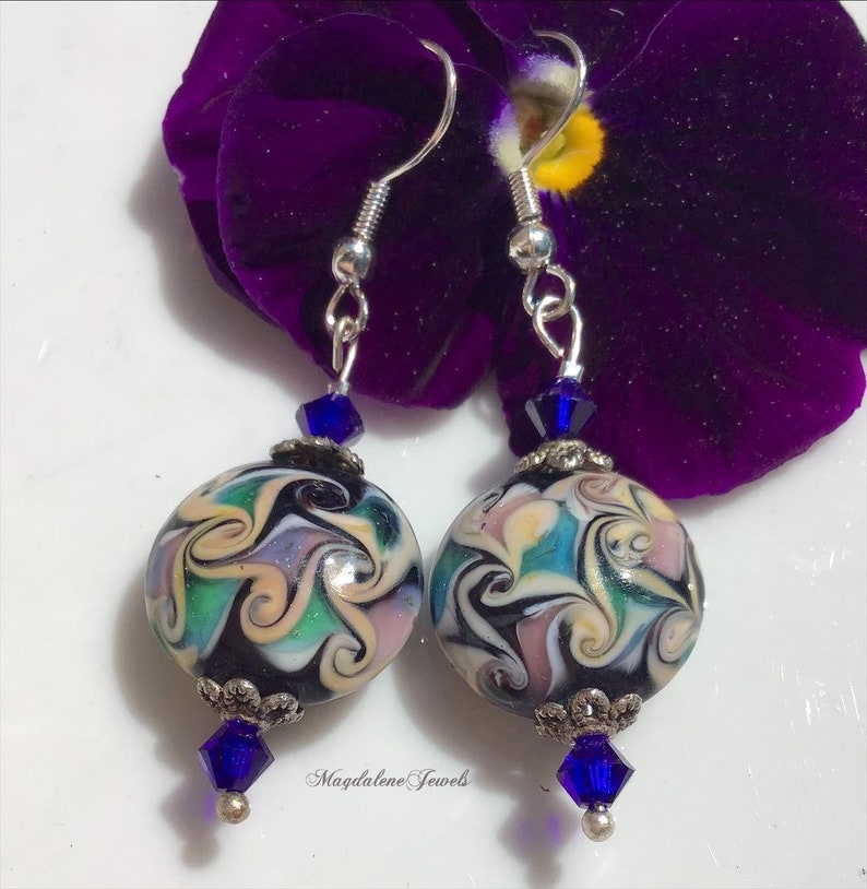 Murano Glass Floral Earrings Cobalt Blue Crystals image 1