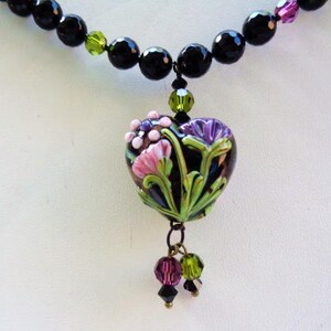 Artisan Lampwork Floral Heart Pendant Necklace Onyx Swarovski Pearl Necklace image 3