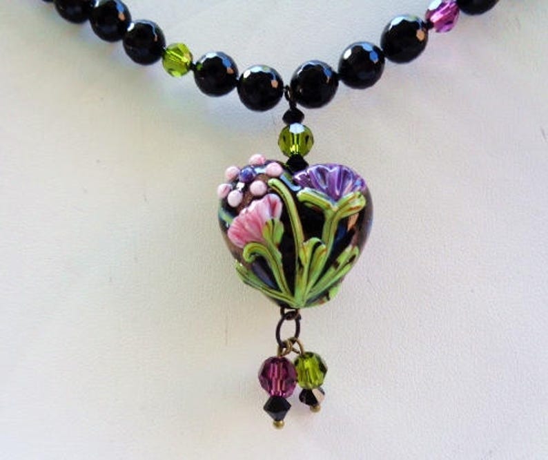 Artisan Lampwork Floral Heart Pendant Necklace Onyx Swarovski Pearl Necklace image 3