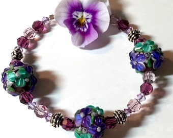 Artisan Floral Lampwork Bracelet w Amethyst Violet Crystals