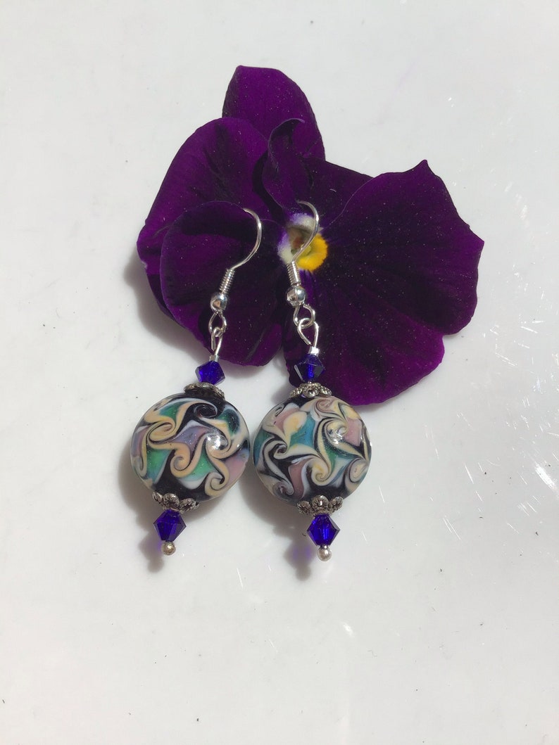 Murano Glass Floral Earrings Cobalt Blue Crystals image 3