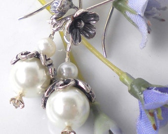 Swarovski Pearl Earrings Wedding White Swarovski Pearls w Sterling Silver Flower Hooks