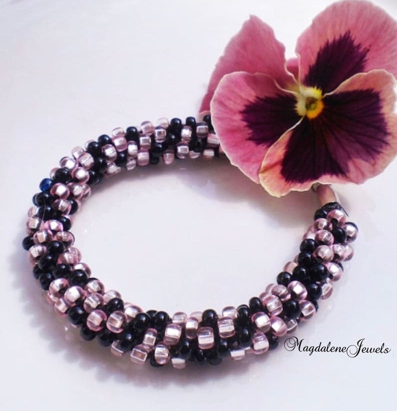 Kumihimo Beaded Bracelet Braided Bracelet Pink Onyx Czech Glass Beads image 1