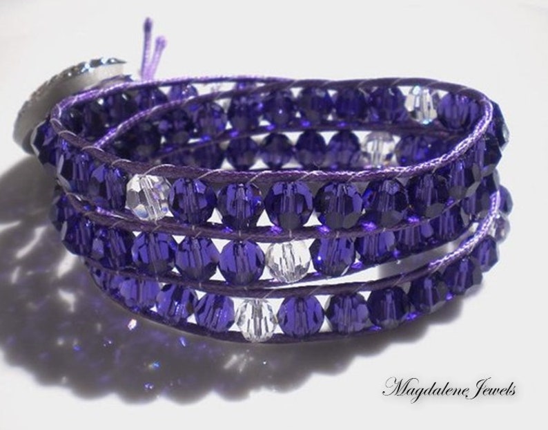 Triple Wrap Bracelet Beaded Bracelet Swarovski Crystals Purple image 0