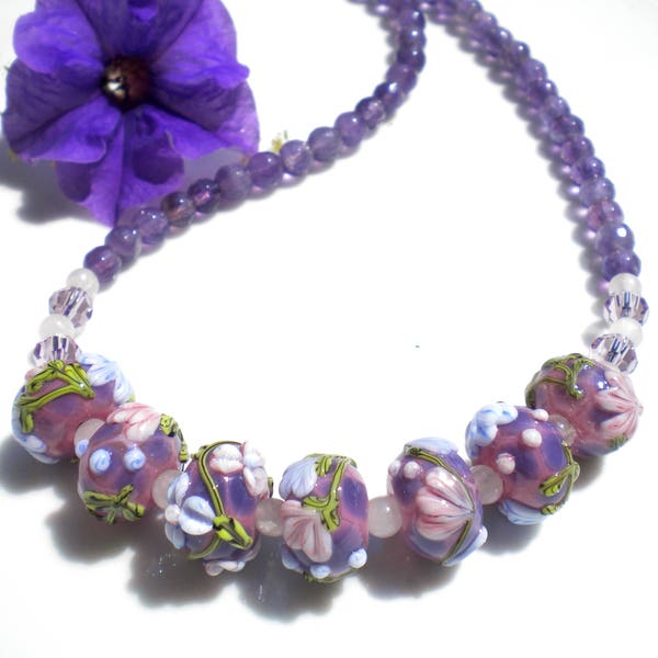 Artisan Lampwork Floral Necklace Murano Venetian Glass Amethyst Semi-Precious Gemstones