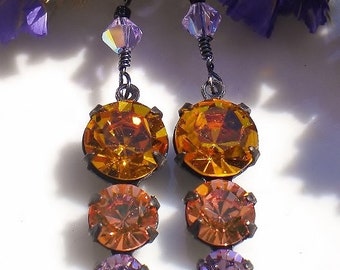 Austrian Czech Crystal Earrings Vintage Topaz Peach Amethyst w Lt Amethyst Crystals