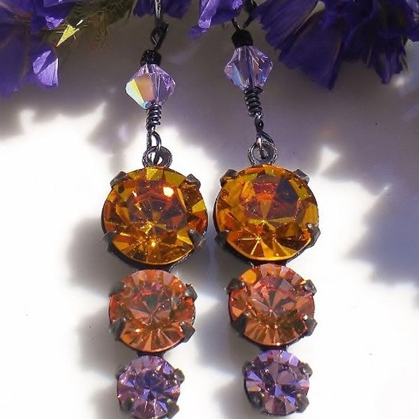 Austrian Czech Crystal Earrings Vintage Topaz Peach Amethyst w Lt Amethyst Crystals
