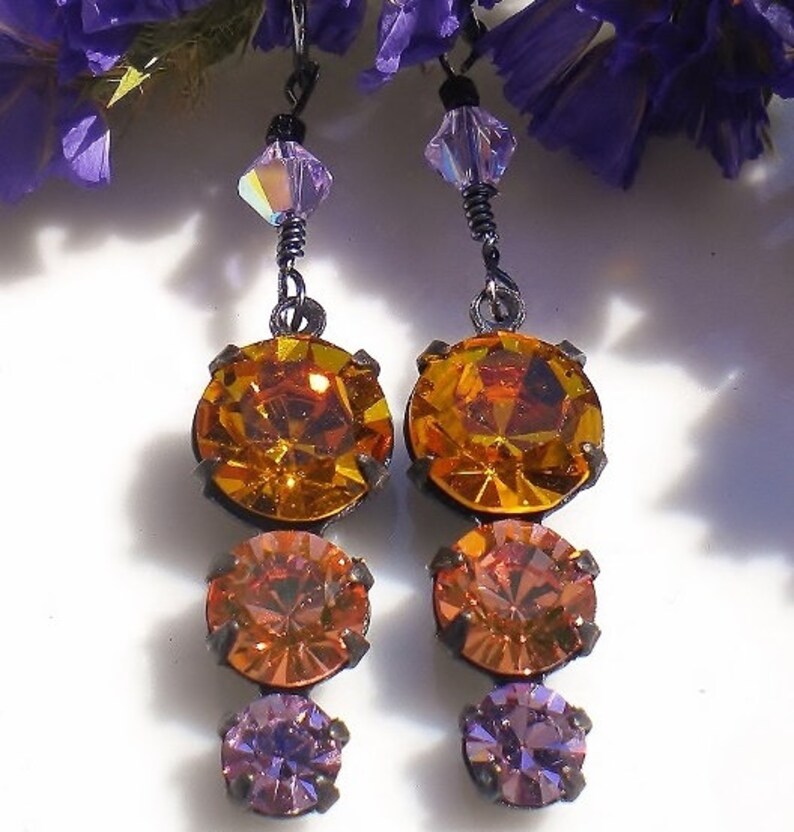 Austrian Czech Crystal Earrings Vintage Topaz Peach Amethyst w Lt Amethyst Crystals image 1