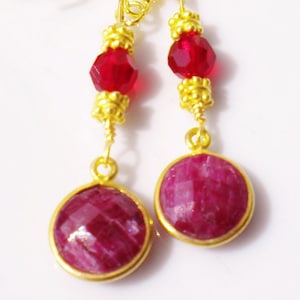 Ruby Gemstone Vintage Earrings 22K Vermeil Gold Accents Ruby Crystals