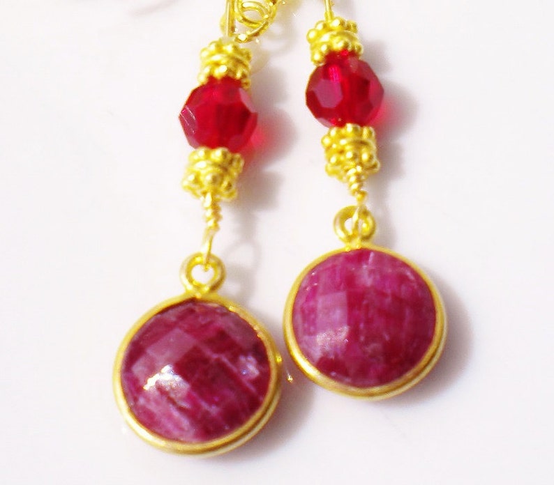 Ruby Gemstone Vintage Earrings 22K Vermeil Gold Accents Ruby Crystals image 1